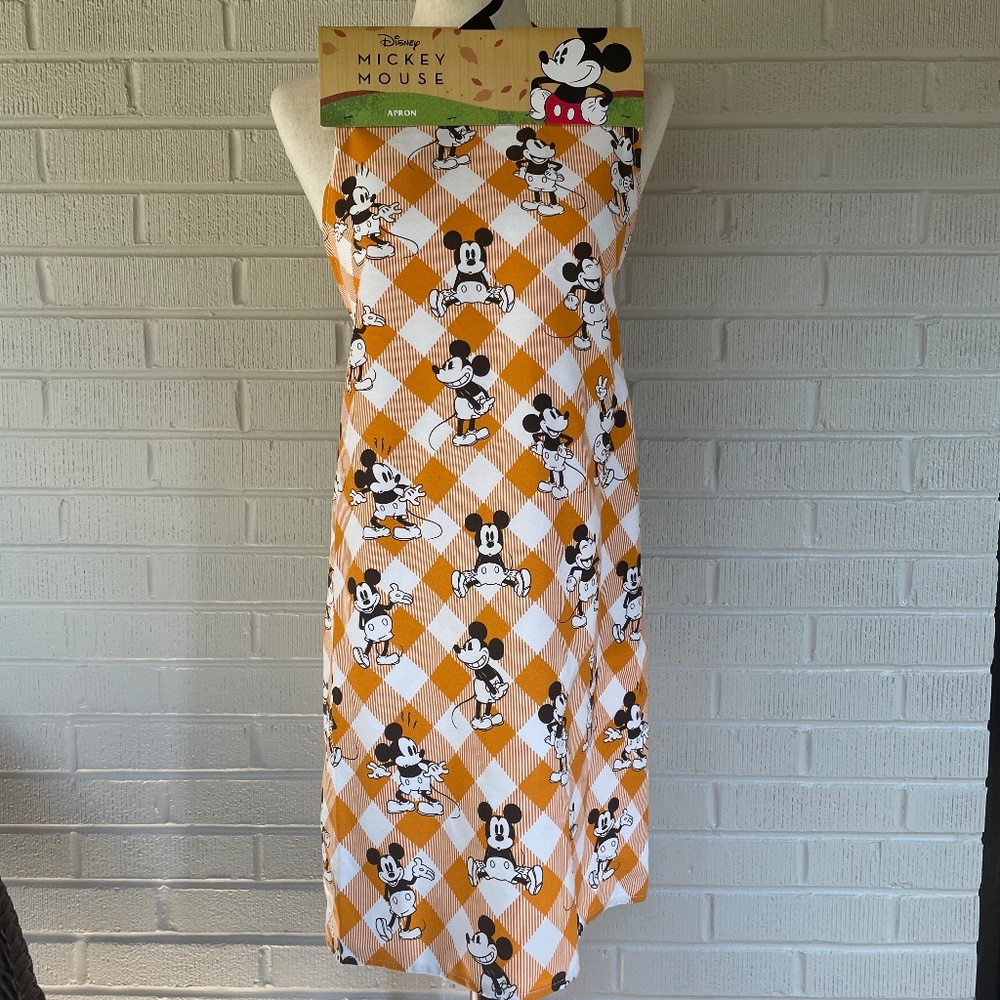 Disney Mickey Mouse Orange Gingham Check Kitchen Apron NEW